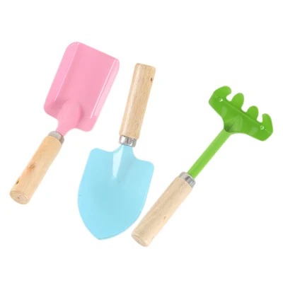 Set di attrezzi da giardino colorati per bambini da 3 pezzi con manici in legno Pala da giardino, rastrello, vanga quadrata